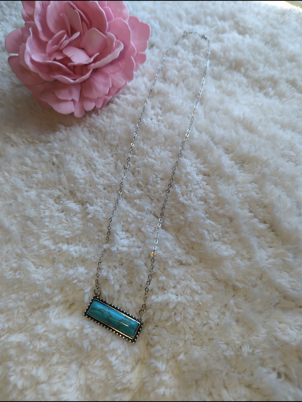 Silver Chain Necklace with Turquoise Bar Pendant - Blue Turquoise Accent